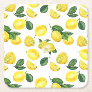 Yellow Lemons Watercolor Fruit Pattern Square Paper Coaster