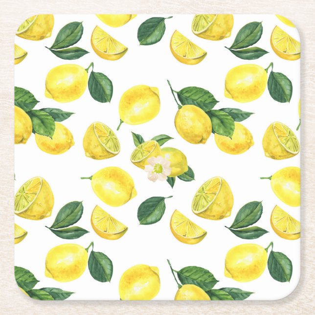 Yellow Lemons Watercolor Fruit Pattern Square Paper Coaster (Front)