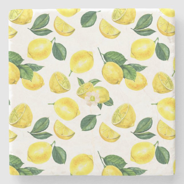 Yellow Lemons Watercolor Fruit Pattern Stone Coaster (Front)