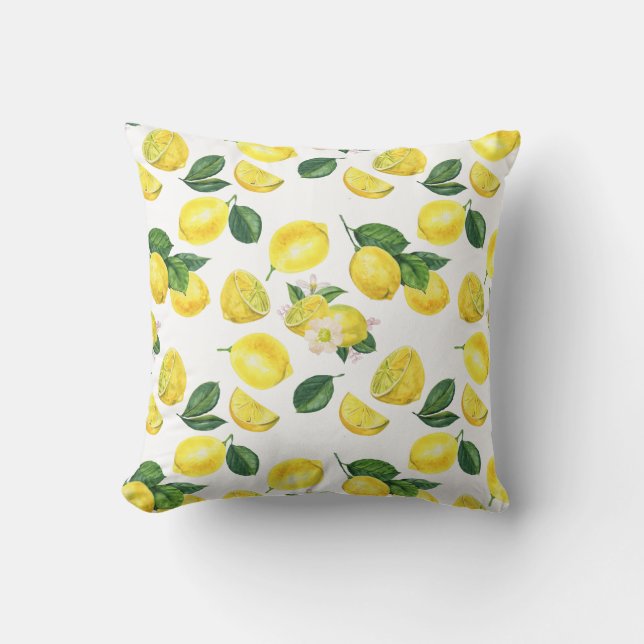 Yellow Lemons Watercolor Fruit Pattern Throw Pillow (Front)