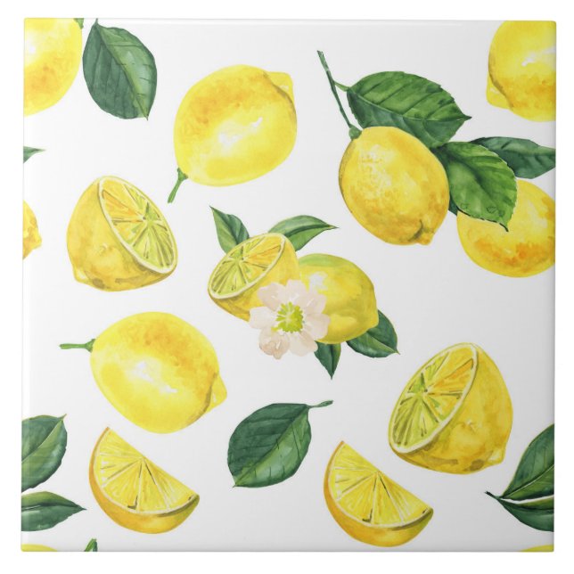 Yellow Lemons Watercolor Fruit Pattern Tile (Front)