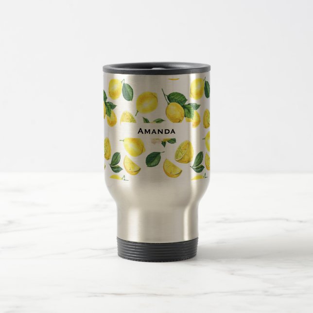 Yellow Lemons Watercolor Fruit Pattern Travel Mug (Center)