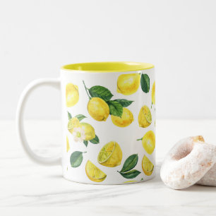 Yellow Lemons Watercolor Fruit Pattern Two-Tone Coffee Mug