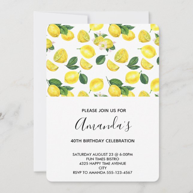 Yellow Lemons Watercolor Pattern Birthday Invitation (Front)