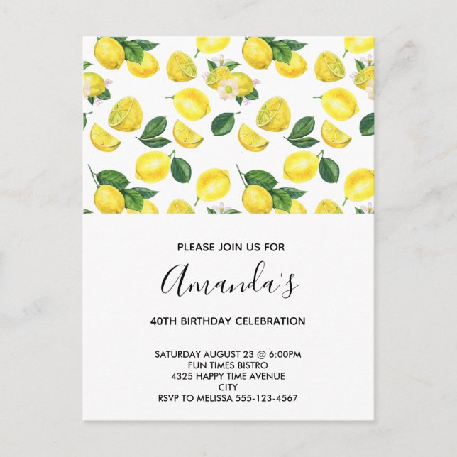 Yellow Lemons Watercolor Pattern Birthday Invitation Postcard (Front)