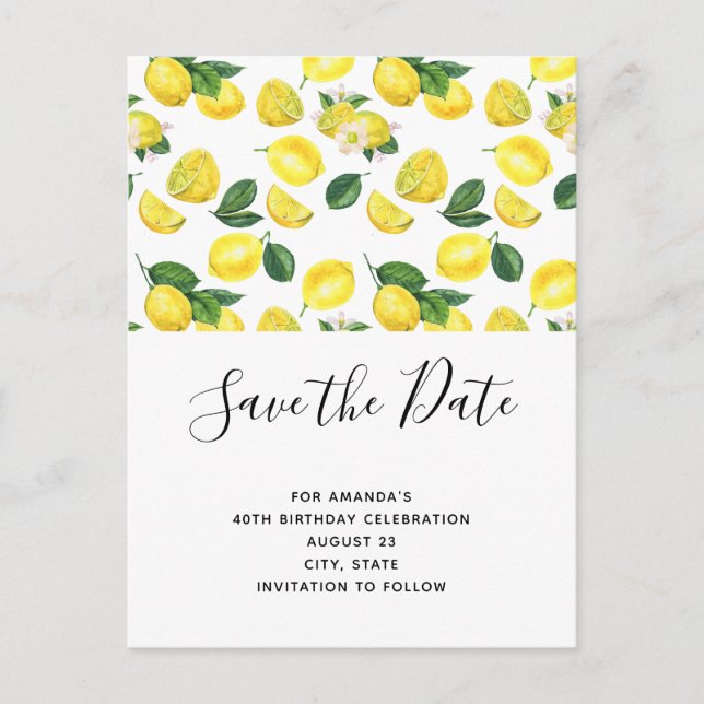 Yellow Lemons Watercolor Pattern Save the Date Invitation Postcard (Front)