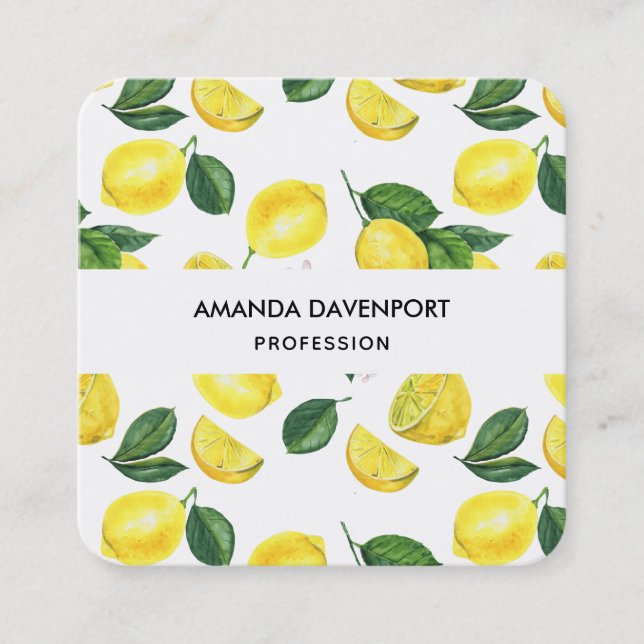 Yellow Lemons Watercolor Pattern Square Business Card (Front)
