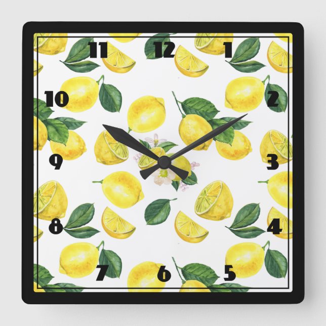 Yellow Lemons Watercolor Pattern Square Wall Clock (Front)