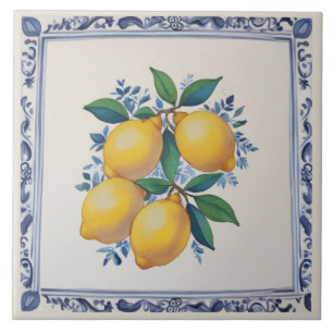 Yellow Lemons with Blue and White Border Tile
