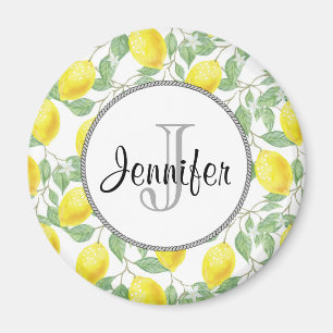 Yellow Lemons with Green Leaves Pattern Monogram Magnet