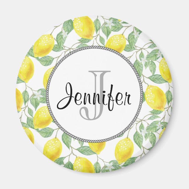 Yellow Lemons with Green Leaves Pattern Monogram Magnet (Front)