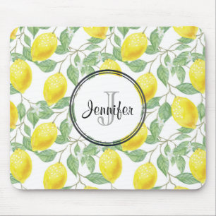 Yellow Lemons with Green Leaves Pattern Monogram Mouse Pad