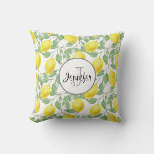 Yellow Lemons with Green Leaves Pattern Monogram Throw Pillow