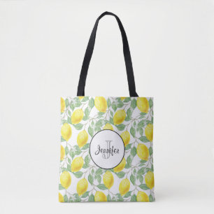 Yellow Lemons with Green Leaves Pattern Monogram Tote Bag