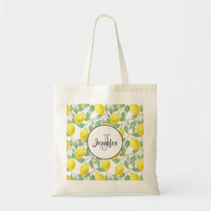 Yellow Lemons with Green Leaves Pattern Monogram Tote Bag