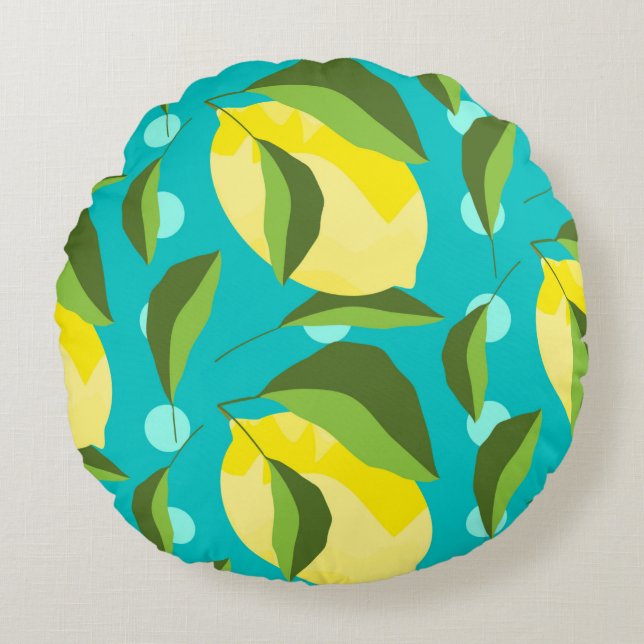 Yellow lemons with green leaves seamless pattern w round pillow (Front)
