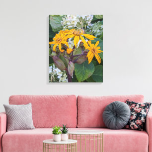 Yellow Leopard Plant Flowers and Hydrangea Floral Canvas Print