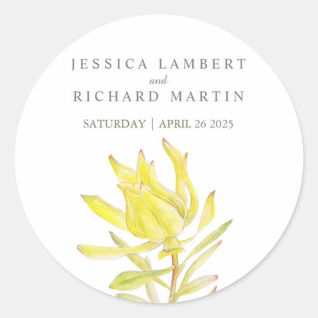 Yellow leucadendron spring flower wedding sticker (Front)