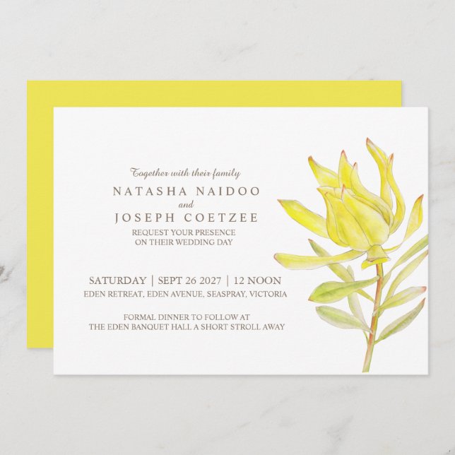 Yellow leucadendron watercolor wedding invitations (Front/Back)