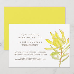Yellow leucadendron watercolor wedding invitations