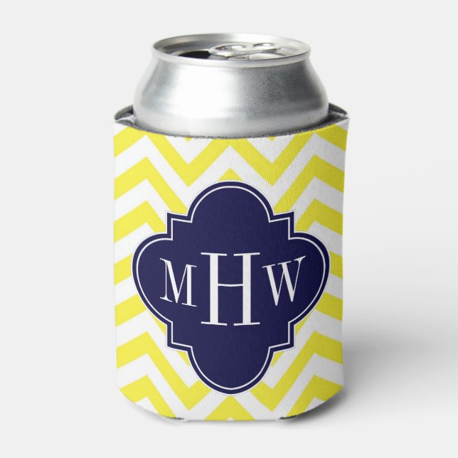Yellow Lg Chevron Navy Quatrefoil 3 Monogram Can Cooler (Can Front)