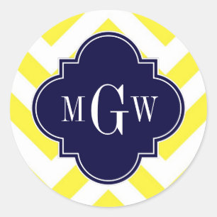 Yellow Lg Chevron Navy Quatrefoil 3 Monogram Classic Round Sticker