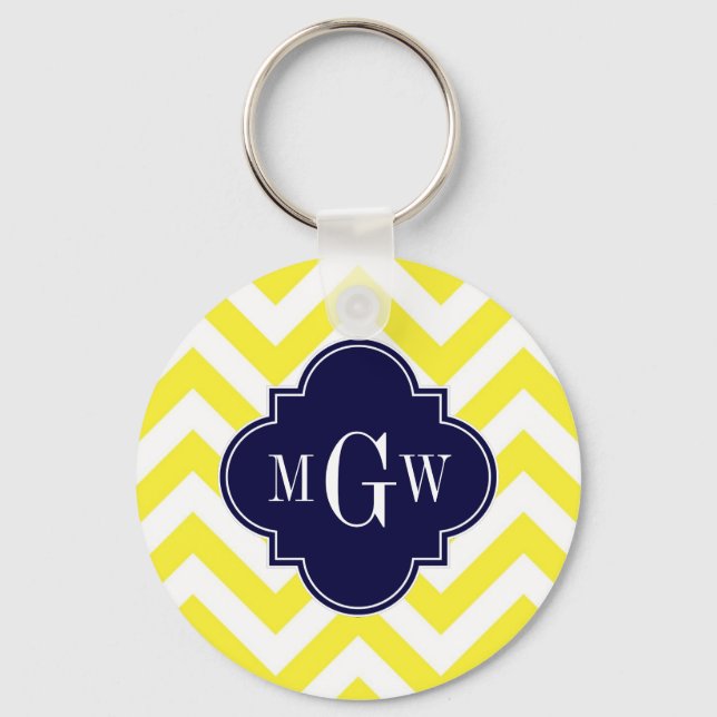 Yellow Lg Chevron Navy Quatrefoil 3 Monogram Keychain (Front)