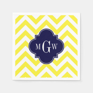 Yellow Lg Chevron Navy Quatrefoil 3 Monogram Napkin