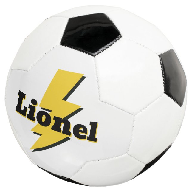 Yellow lighting bolt strike flash logo custom name soccer ball (Three Quarter)