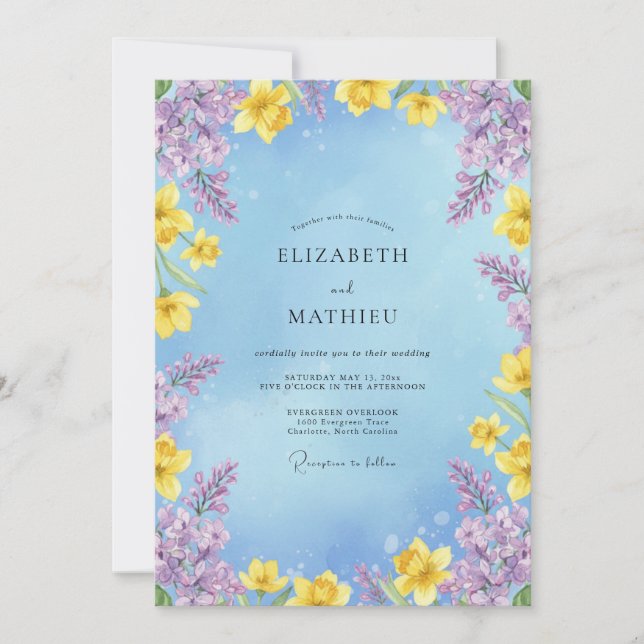 Yellow Lilac Daffodil Eucalyptus Wedding Invitation (Front)
