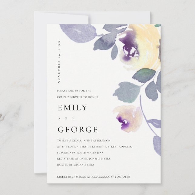 YELLOW LILAC PURPLE ROSE FLORAL COUPLE SHOWER CARD (Front)