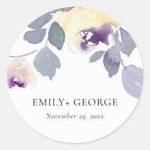 YELLOW LILAC PURPLE ROSE WATERCOLOR FLORAL WEDDING CLASSIC ROUND STICKER