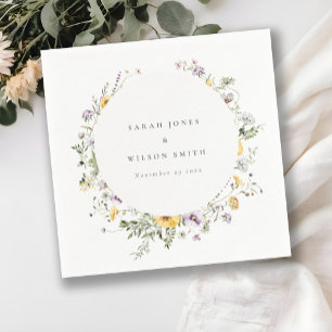 Yellow Lilac Wildflower Circle Frame Wedding Napkin