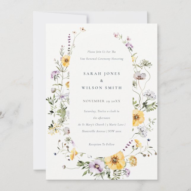 Yellow Lilac Wildflower Frame Vow Renewal Invite (Front)