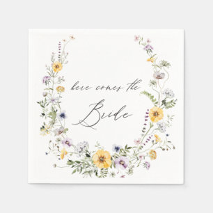Yellow Lilac Wildflower Wreath Here comes Bride Napkin