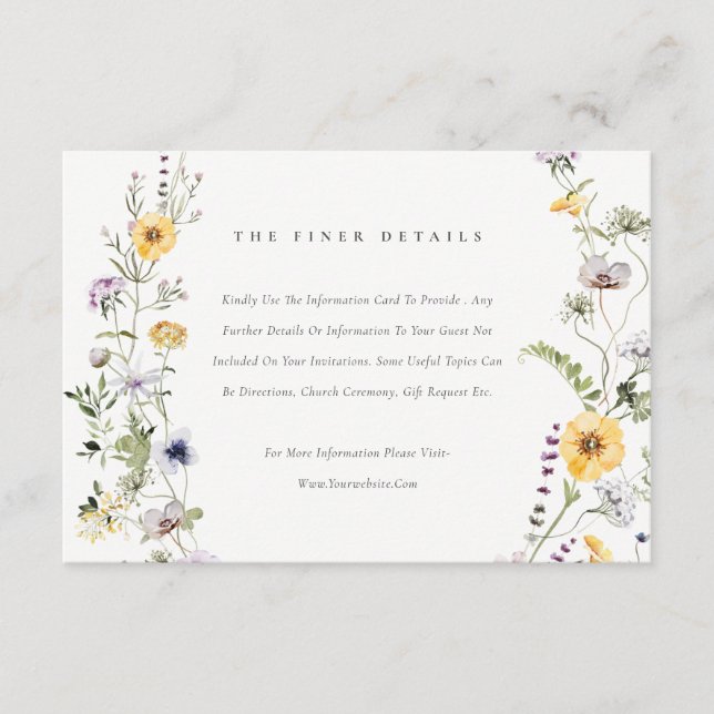 Yellow Lilac Wildflower Wreath Wedding Details Enclosure Card (Front)
