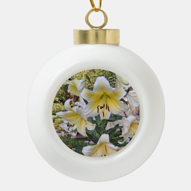 Yellow Lilly Ceramic Ball Christmas Ornament (Front)