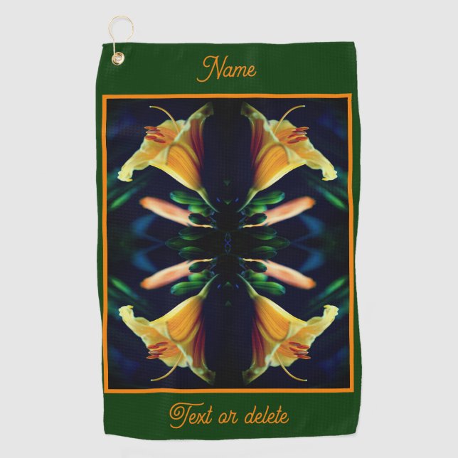 Yellow Lily Flower Abstract Personalized Golf Towel (Front)