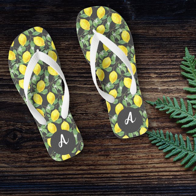Yellow lime citrus pattern name grey flip flops (Creator Uploaded)