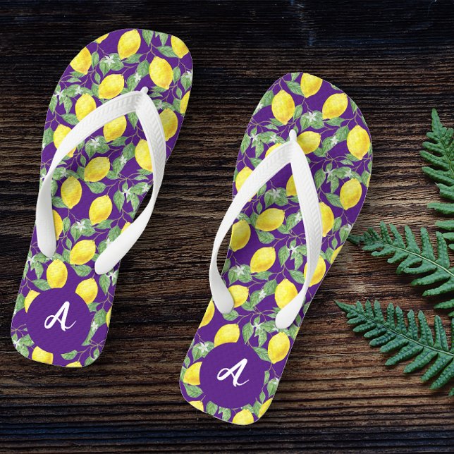 Yellow lime citrus pattern name purple flip flops (Creator Uploaded)