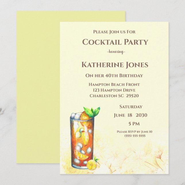 Yellow Long Island Tea Birthday Cocktail Party   Invitation (Front/Back)
