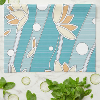 Yellow Lotus Flowers on Cyan Stripes Kitchen Towel