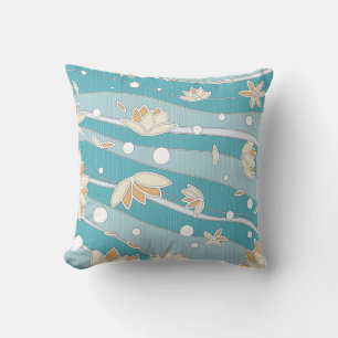 Yellow Lotus Flowers on Cyan Stripes Throw Pillow