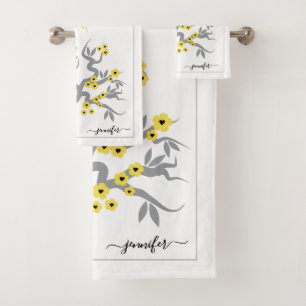 Yellow love birds cherry tree blossoms border bath towel set