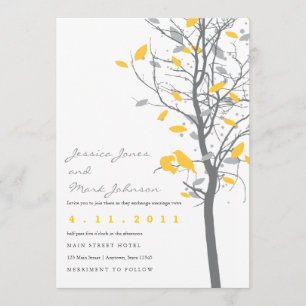 Yellow Love Birds in Tree with Grey Leaves Invitation