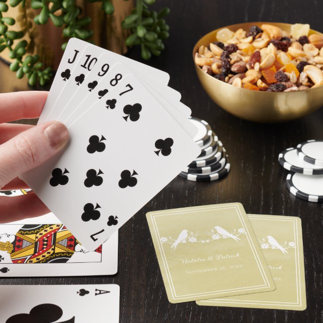 Yellow Lovebird Floral Wedding Playing Cards (In Situ)