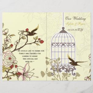 yellow lovebirds  bircage bi fold Wedding program