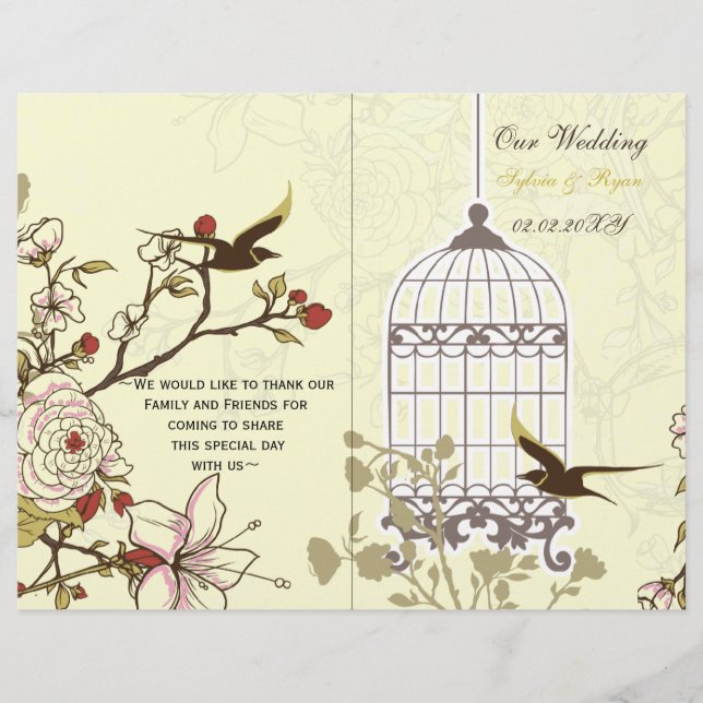 yellow lovebirds  bircage bi fold Wedding program (Front)