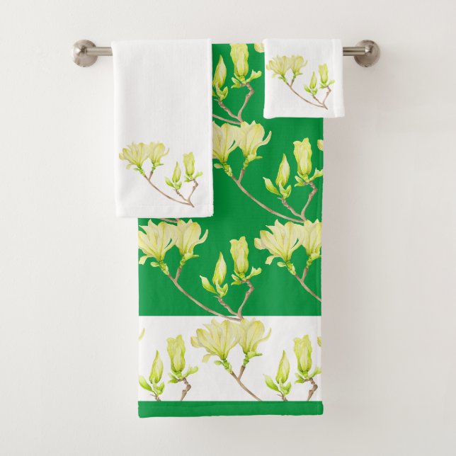 Yellow Magnolias on Bathroom Towel Set (Insitu)