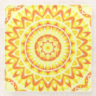 Yellow Mandala Bright Sunshine Boho Pattern Decor Glass Coaster